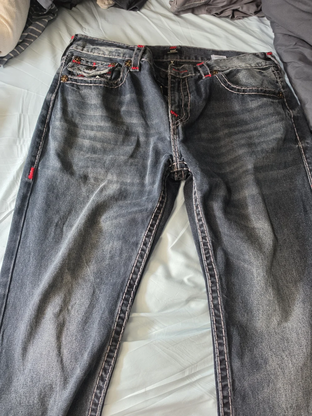 True Religion Men's Dark Blue Slim Straight Jeans with Red Accents